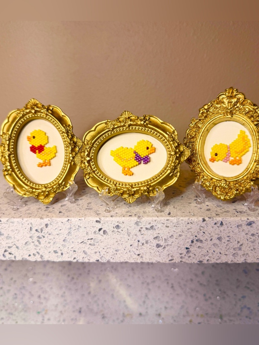 Mini Beaded Chick Art Trio, Gold Framed Bird Decor, Spring Nursery Miniature Set